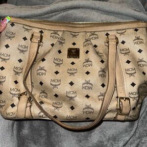 MCM Visetos Beige Monogram Coated
Canvas Leather Essentials Tote Bag